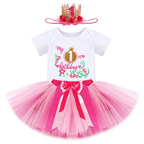 1. Geburtstag Mädchen Baby Outfit Blumen 1 Jahr Party Kleid Cake Smash Baumwolle Kurzarm Body Strampler Tutu Rock Krone Stirnband Sommer Bekleidungsset Fotoshooting Kostüm Rose - Mein 1. Geburtstag von FYMNSI