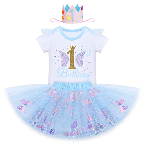 1. Geburtstag Mädchen Baby Outfit Schmetterling 1 Jahr Party Prinzessin Kleid Baumwolle Kurzarm Body Strampler Tutu Rock Krone Stirnband 3tlg Sommer Bekleidungsset Fotoshooting Kostüm Blau 1 Jahr von FYMNSI