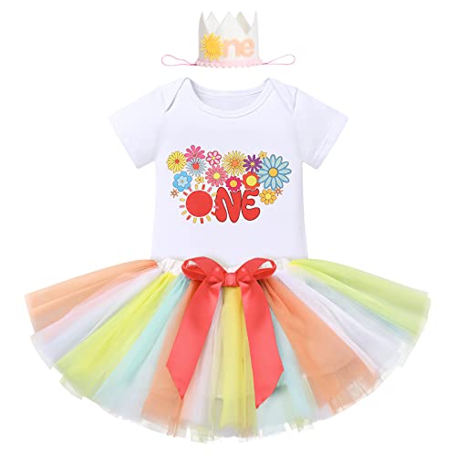 1. Geburtstag Mädchen Outfit Baby Boho Regenbogen Cake Smash Sonnenschein Erste Ein Jahr alt Party Foto Shooting Groovy One Thema Strampler Prinzessin Tutu Rock Stirnband Set Gelb + Pfirsich 1 Jahr von FYMNSI