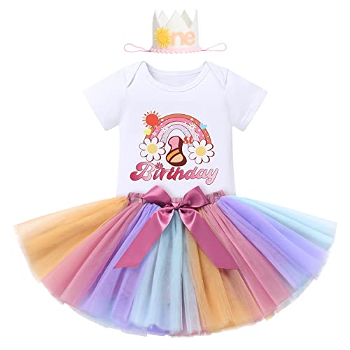 1. Geburtstag Mädchen Outfit Baby Boho Regenbogen Cake Smash Sonnenschein Erste Ein Jahr alt Party Foto Shooting Groovy One Thema Strampler Prinzessin Tutu Rock Tiara Stirnband Set Regenbogen 1 Jahr von FYMNSI