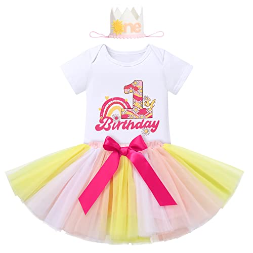 1. Geburtstag Mädchen Outfit Baby Boho Regenbogen Cake Smash Sonnenschein Erste Ein Jahr alt Party Foto Shooting Groovy One Thema Strampler Prinzessin Tutu Rock Tiara Stirnband Set Weiß + Gelb 1 Jahr von FYMNSI