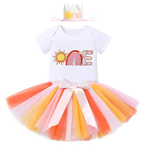 1. Geburtstag Mädchen Outfit Baby Boho Regenbogen Cake Smash Sonnenschein Erste Ein Jahr alt Party Foto Shooting Groovy One Thema Strampler Prinzessin Tutu Tüll Rock Tiara Stirnband Set Orange 1 Jahr von FYMNSI