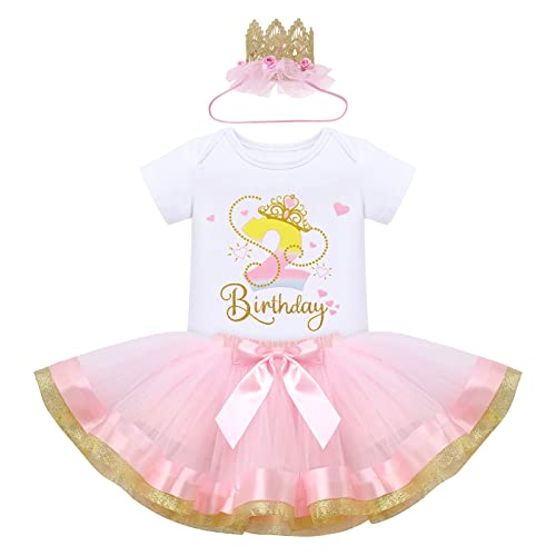 2 Geburtstag Mädchen Outfit Baby Zweiter Geburtstag Partykleid Baumwolle Kurzarm Strampler Body Prinzessin Tüll Tütü Rock Krone Set 2 Jahre Geburtstagsparty Fotoshooting Sommer Taufkleid Rosa+ Gold 2J von FYMNSI