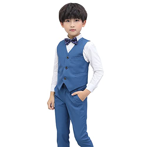 4 Teiliges Anzug Set für Kinder Jungen Gentleman Smoking Hochzeit Festlich Kinderanzug Taufe Formal Bekleidung Langarm Hemd Weste Hosen Fliege Freizeitkleidung für Frühling Herbst Blau 11-12 Jahre von FYMNSI