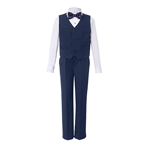 4 Teiliges Anzug Set für Kinder Jungen Gentleman Smoking Hochzeit Festlich Kinderanzug Taufe Formal Bekleidung Langarm Hemd Weste Hosen Fliege Freizeitkleidung für Frühling Herbst Marineblau 13-14J von FYMNSI