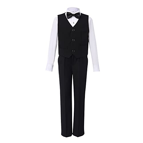 4 Teiliges Anzug Set für Kinder Jungen Gentleman Smoking Hochzeit Festlich Kinderanzug Taufe Formal Bekleidung Langarm Hemd Weste Hosen Fliege Freizeitkleidung für Frühling Herbst Schwarz 11-12 Jahre von FYMNSI