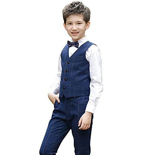 4 Teiliges Anzug Set für Kinder Jungen Gentleman Smoking Hochzeit Festlich Kinderanzug Taufe Formal Langarm Hemd Weste Hosen Fliege Freizeitkleidung für Frühling Herbst Marineblau Plaid 11-12 Jahre von FYMNSI