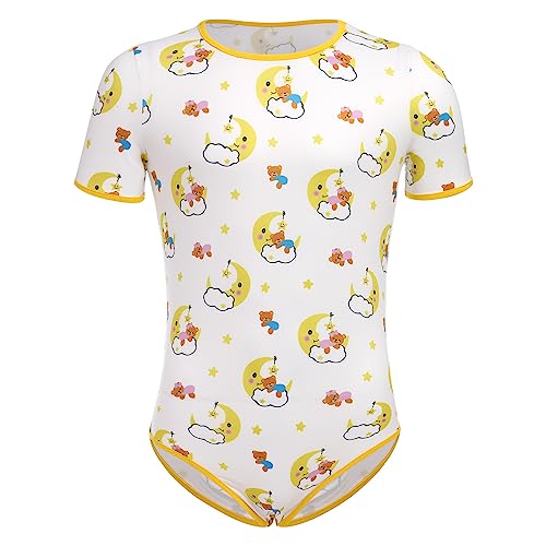 ABDL Body M?nner Herren Overall Bodysuit Baby Einteiler f?r Windelliebhaber Kurzarm T-Shirt Unterhemd Druckkn?pfe im Schritt Karikatur Gedruckt Jumpsuit Playsuit Unterw?sche Schlafanzug Mond B?r M von FYMNSI