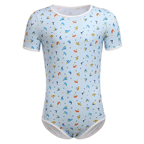 ABDL Body Männer Herren Overall Bodysuit Kurzarm T-Shirt Unterhemd Ouvert Body Sportbody Druckknöpfe im Schritt Karikatur Druckt Einteiler Jumpsuit Playsuit Unterwäsche Nachthemd Blau Segelboot 2XL von FYMNSI