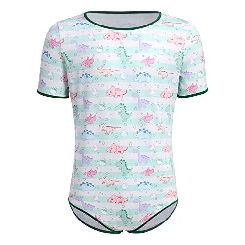 ABDL Body Männer Herren Overall Bodysuit Kurzarm T-Shirt Unterhemd Ouvert Body Sportbody Druckknöpfe im Schritt Karikatur Druckt Einteiler Jumpsuit Playsuit Unterwäsche Nachthemd Grün Dinosaurier XL von FYMNSI