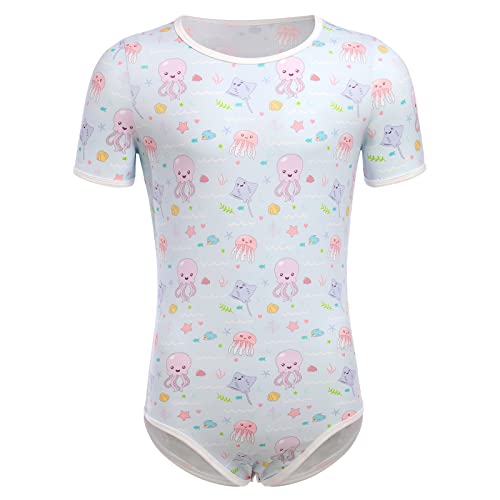 ABDL Body Männer Herren Overall Bodysuit Kurzarm T-Shirt Unterhemd Ouvert Body Sportbody Druckknöpfe im Schritt Karikatur Gedruckt Einteiler Jumpsuit Playsuit Unterwäsche Nachthemd Hellblau Krake XL von FYMNSI