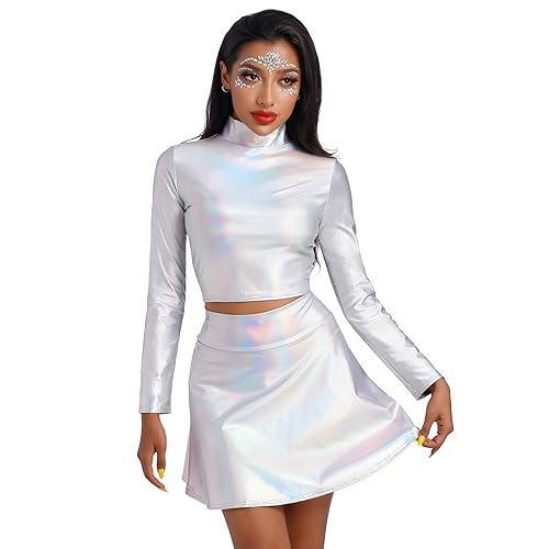 Alien Kost?m Damen Raver Outfit Halloween Space Girl Kost?me Gl?nzed Metallic Wetlook Crop Top Hohe Taille Minirock Set Karneval Fasching Cosplay Party Verkleidung Clubwear Laser Silber - Langarm L von FYMNSI