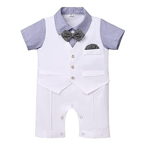 Baby Anzug Junge Hochzeit Neugeborenes Overall Bodysuit Strampler Gentleman Smoking Fliege Kurzarm Einteiler Formal Jumpsuit Kleinkinder Taufanzug Festliche Festanzug Sommer Blau Gestreift 3-6 Monate von FYMNSI