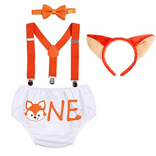 Baby Jungen 1. Geburtstag Party Outfit Baumwolle Shorts Kurzes Hose + Y-Form Hosenträger + Fliege + König Krone Stirnband 4tlg Bekleidungsset Fuchs Kostüme Fotoshooting Fotografie Set Orange Fuchs 02 von FYMNSI