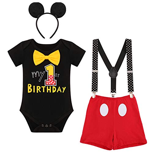 Baby Jungen Erster 1. Geburtstag Cake Smash Outfit Fotoshooting Kostüme Baumwolle Kurzarm Body Strampler Hosenträger Ohr Stirnband Shorts 4tlg Bekleidungsset Schwarz - 1. Geburtstag 12-18 Monate von FYMNSI