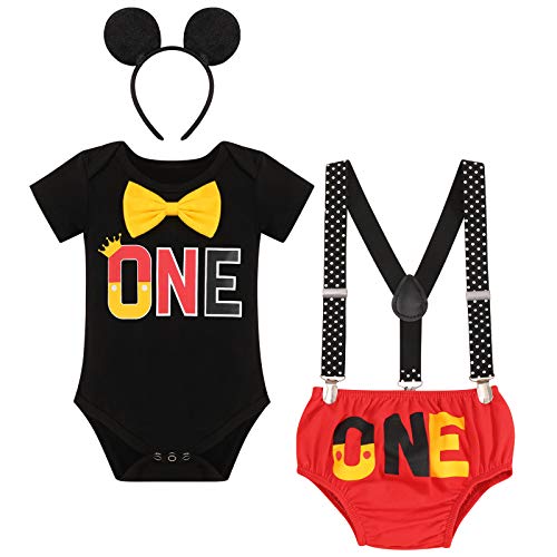 Baby Jungen Erster 1. Geburtstag Cake Smash Outfit Mickey Fotoshooting Kostüme Baumwolle Kurzarm Body Strampler Hosenträger Ohr Stirnband Shorts 4tlg Bekleidungsset Schwarz + Rot One 6-12 Monate von FYMNSI