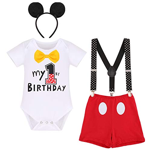 Baby Jungen Erster 1. Geburtstag Cake Smash Outfit Mickey Fotoshooting Kostüme Baumwolle Kurzarm Body Strampler Hosenträger Ohr Stirnband Shorts 4tlg Bekleidungsset Weiß - 1. Geburtstag 12-18 Monate von FYMNSI