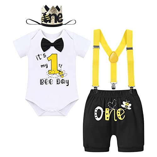 Baby Jungen Erster 1. Geburtstag Outfit Es Ist Mein 1. Bienentag Baumwolle Kurzarm Strampler Shorts Hosenträger Stirnband 4tlg Bekleidungsset 1 Jahr Alt Fotoshooting Party Kostüm Sommer Schwarz 12-18M von FYMNSI