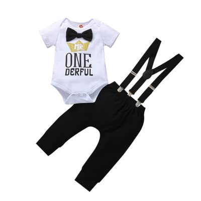 Baby Jungen Erster 1. Geburtstag Outfit Gentleman Baumwolle Kurzarm Strampler Body Y-zurück Hosenträger Langes Hose 3tlg Bekleidungsset Party Abend Hochzeit Fotografie Requisiten Schwarz + Hose 12-18M von FYMNSI