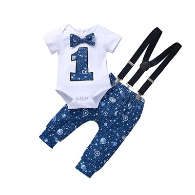 Baby Jungen Erster 1. Geburtstag Outfit Universum Druck Baumwolle Kurzarm Strampler Body Y-zurück Hosenträger Langes Hose Bekleidungsset Party Abend Hochzeit Fotografie Requisiten Blau + Hose 12-18M von FYMNSI