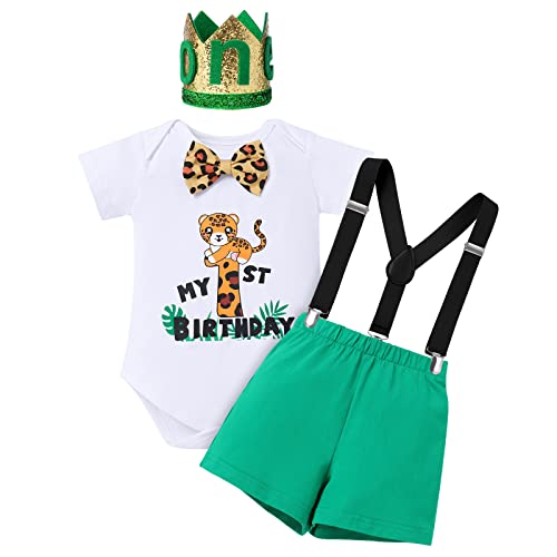 Baby Jungen Erster 1. Geburtstag Party Outfit Leopard Kostüm Baumwolle Kurzarm Strampler Body Shorts Hosenträger Krone Stirnband Bekleidungsset 1 Jahr Alt Fotoshooting Fasching Grün Leopard 1 Jahr von FYMNSI