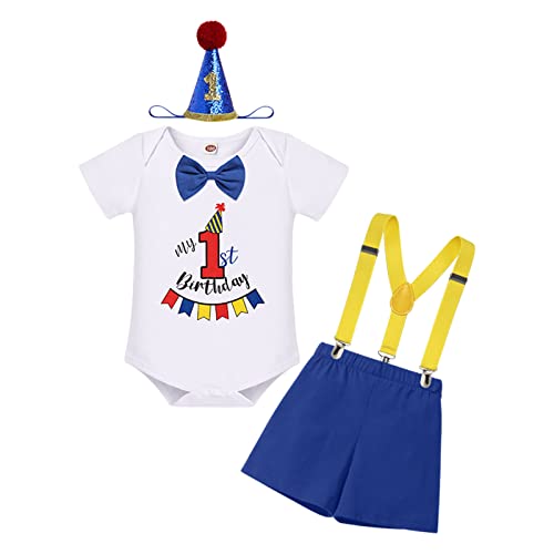 Baby Jungen Erster Geburtstag Cake Smash Outfit Baumowlle Kurzarm Strampler Body Shirt mit Shorts Kurzes Hose Hosenträger Mini Hut Stirnband 1 Jahr Alt Party Fotoshooting Königsblau + Rot 12-18 Monate von FYMNSI