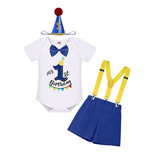 Baby Jungen Erster Geburtstag Cake Smash Outfit Baumowlle Kurzarm Strampler Body Shirt mit Shorts Kurzes Hose Hosenträger Mini Hut Stirnband 1 Jahr Alt Party Fotoshooting Königsblau 12-18 Monate von FYMNSI