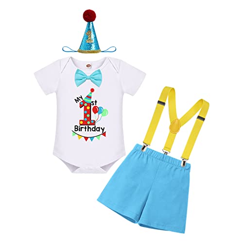 Baby Jungen Erster Geburtstag Cake Smash Outfit Baumowlle Kurzarm Strampler Body Shirt mit Shorts Kurzes Hose Hosenträger Mini Hut Stirnband Taufe 1 Jahr Alt Party Fotoshooting Hellblau 12-18 Monate von FYMNSI