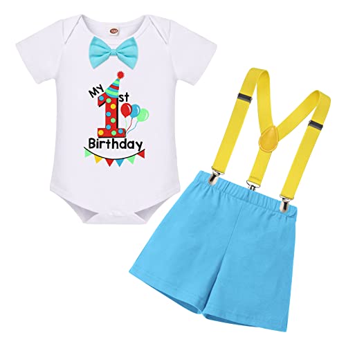 Baby Jungen Erster Geburtstag Cake Smash Outfit Baumowlle Kurzarm Strampler Bodysuit Top mit Shorts Kurzes Hose Hosenträger 3tlg Taufe 1 Jahr Alt Party Fotoshooting Kleidung Hellblau 12-18 Monate von FYMNSI