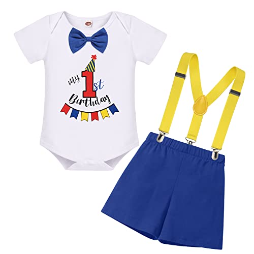 Baby Jungen Erster Geburtstag Cake Smash Outfit Baumowlle Kurzarm Strampler Bodysuit Top mit Shorts Kurzes Hose Hosenträger 3tlg Taufe 1 Jahr Alt Party Fotoshooting Königsblau + Rot 12-18 Monate von FYMNSI