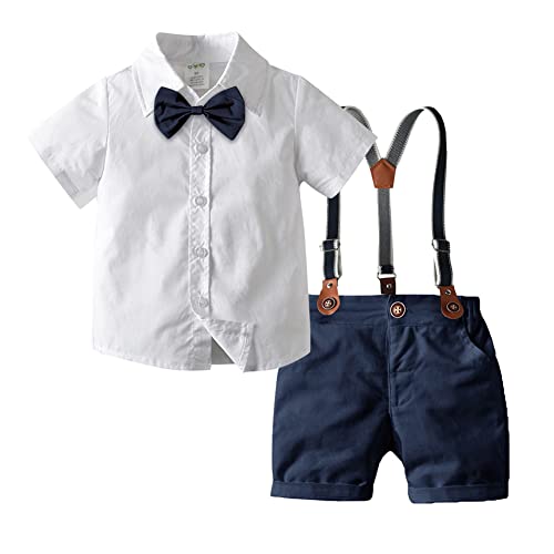 Baby Jungen Festlich Anzug Set Kleinkinder Gentleman Outfit Taufanzug Kinder Kurzarm Hemd mit Fliege + Hosenträger + Shorts Bekleidung für Hochzeit Geburtstag Party Taufe Weiß + Marineblau 2-3 Jahre von FYMNSI