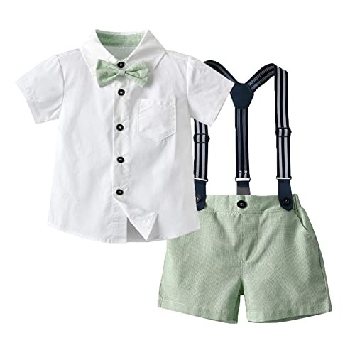 Baby Jungen Festlich Anzug Set Kleinkinder Gentleman Outfit Taufanzug Kinder Sommer Kurzarm Hemd mit Fliege + Hosenträger + Shorts 4tlg Bekleidung für Hochzeit Geburtstag Party Taufe Grün 18-24 Monate von FYMNSI