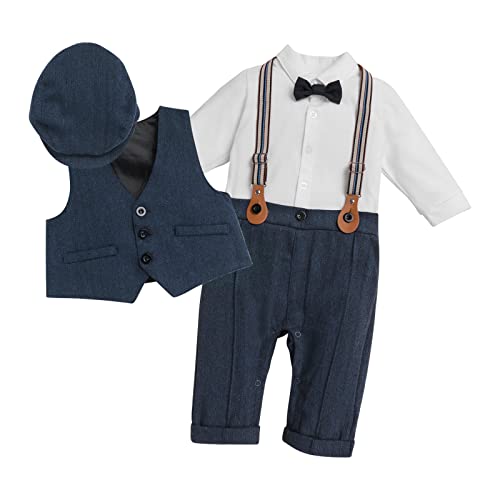 Baby Jungen Festlich Anzug Smoking Hochzeit Jumpsuit Gentleman Fliege Langarm Strampler Weste Hut Set Kleinkinder Taufe Formal 1. Geburtstag Party Frühling Herbst Babykleidung Dunkelblau 9-12M von FYMNSI