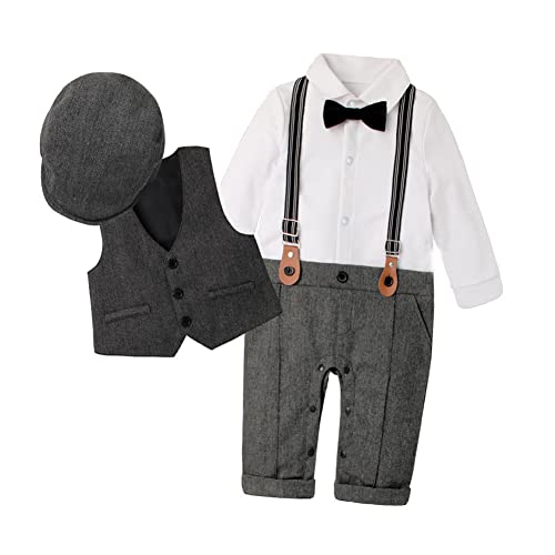 Baby Jungen Festlich Anzug Smoking Jumpsuit Gentleman Fliege Langarm Strampler Weste Hut Bekleidungsset Kleinkinder Taufanzug Hochzeit Festlich Geburtstag Party Frühling Herbst Babykleidung Grau 9-12M von FYMNSI