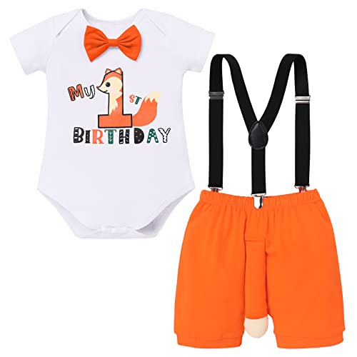 Baby Jungen Fuchs Kostüme 1. Geburtstag Outfit Dschungel Waldtier Party Wild One Baumwolle Kurzarm Strampler Body Shorts Kurzes Hose Y-Form Hosenträger Bekleidungsset Fasching Cosplay Fuchs 6-12M von FYMNSI