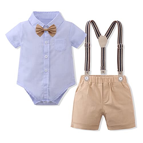 Baby Jungen Gentleman Anzüge Kleinkinder Kurzarm Fliege Shirt Strampler Hosenträger Shorts Overall Festlich Festanzug Taufe Hochzeit Formal Abend Sommer Bekleidungsset Taufanzug Blau + Khaki 9-12M von FYMNSI