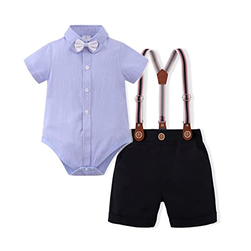 Baby Jungen Gentleman Anzüge Kleinkinder Kurzarm Fliege Shirt Strampler Hosenträger Shorts Overall Festlich Festanzug Taufe Hochzeit Formal Abend Sommer Bekleidungsset Taufanzug Blau + Schwarz 9-12M von FYMNSI