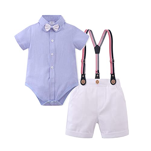 Baby Jungen Gentleman Anzüge Kleinkinder Kurzarm Fliege Shirt Strampler Hosenträger Shorts Overall Festlich Festanzug Taufe Hochzeit Formal Abend Sommer Bekleidungsset Taufanzug Blau + Weiß 3-6 Monate von FYMNSI