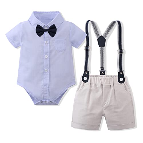 Baby Jungen Gentleman Anzüge Kleinkinder Kurzarm Fliege Shirt Strampler Hosenträger Shorts Overall Festlich Festanzug Taufe Hochzeit Formal Abend Sommer Bekleidungsset Taufanzug Blau 12-18 Monate von FYMNSI