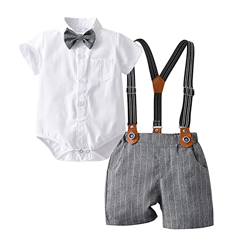 Baby Jungen Gentleman Anzüge Kleinkinder Kurzarm Fliege Shirt Strampler Hosenträger Shorts Overall Festlich Festanzug Taufe Hochzeit Formal Abend Sommer Bekleidungsset Taufanzug Weiß +Grau 3-6 Monate von FYMNSI