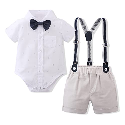 Baby Jungen Gentleman Anzüge Kleinkinder Kurzarm Fliege Shirt Strampler Hosenträger Shorts Overall Festlich Festanzug Taufe Hochzeit Formal Abend Sommer Bekleidungsset Taufanzug Weiß 12-18 Monate von FYMNSI