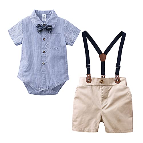 Baby Jungen Gentleman Anzüge Kleinkinder Kurzarm Fliege Shirt Strampler Hosenträger Shorts Overall Festlich Festanzug Taufe Hochzeit Formal Sommer Bekleidungsset Taufanzug Blau Streifen + Khaki 9-12M von FYMNSI