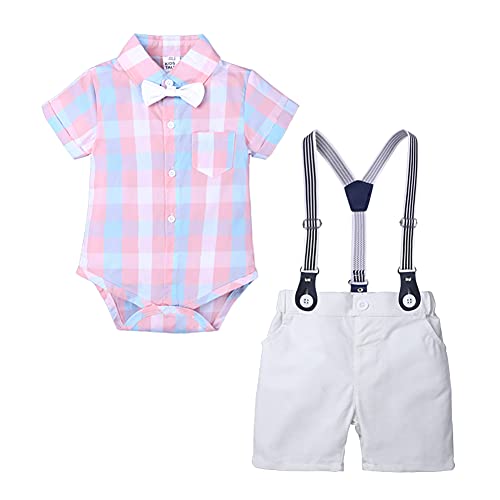 Baby Jungen Gentleman Anzüge Kleinkinder Kurzarm Fliege Shirt Strampler Hosenträger Shorts Overall Festlich Festanzug Taufe Hochzeit Formal Sommer Bekleidungsset Taufanzug Rosa Plaid 6-9 Monate von FYMNSI