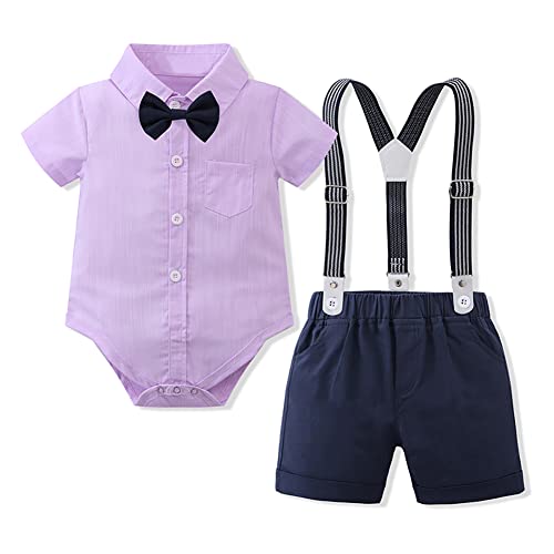 Baby Jungen Gentleman Anzüge Kleinkinder Kurzarm Fliege Shirt Strampler Hosenträger Shorts Overall Festlich Festanzug Taufe Hochzeit Formal Sommer Bekleidungsset Taufanzug Violett + Dunkelblau 6-9M von FYMNSI