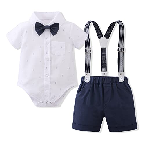 Baby Jungen Gentleman Anzüge Kleinkinder Kurzarm Fliege Shirt Strampler Hosenträger Shorts Overall Festlich Festanzug Taufe Hochzeit Formal Sommer Bekleidungsset Taufanzug Weiß + Dunkelblau 12-18M von FYMNSI