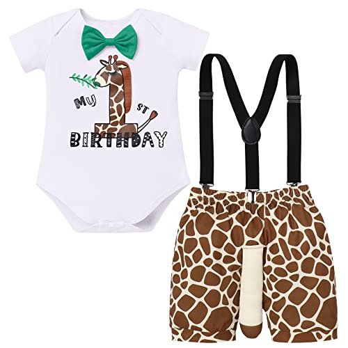 Baby Jungen Giraffe Kostüme 1. Geburtstag Outfit Dschungel Waldtier Party Wild One Baumwolle Kurzarm Strampler Body Shorts Y-Form Hosenträger Bekleidungsset Ein Jahr Alt Fotoshooting 6-12 Monate von FYMNSI