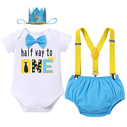 Baby Jungen Halber 1/2. Geburtstag Outfit Baumwolle Kurzarm Body Strampler Hosenträger Shorts Mini Krone Hut Fotoshooting Kostüme 6 Monate Party Cake Smash Bekleidungsset Blau - Halber Geburtstag von FYMNSI