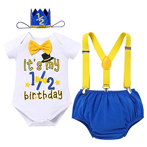 Baby Jungen Halber 1/2. Geburtstag Outfit Baumwolle Kurzarm Body Strampler Hosenträger Shorts Mini Krone Hut Fotoshooting Kostüme 6 Monate Party Cake Smash Bekleidungsset Königsblau Halber Geburtstag von FYMNSI