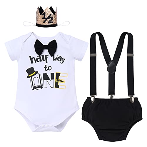 Baby Jungen Halber 1/2. Geburtstag Outfit Baumwolle Kurzarm Body Strampler Hosenträger Shorts Mini Krone Hut Fotoshooting Kostüme 6 Monate Party Cake Smash Bekleidungsset Schwarz Halber Geburtstag von FYMNSI