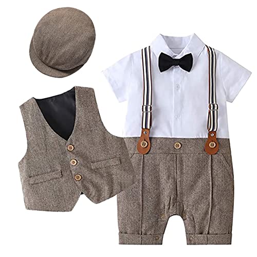 Baby Jungen Smoking Anzug Jumpsuit Gentleman Fliege Kurzarm Strampler Weste Hut 3tlg Bekleidungsset Kleinkinder Taufe Hochzeit Festlich 1. Geburtstag Party Sommer Babykleidung Braun 12-18 Monate von FYMNSI